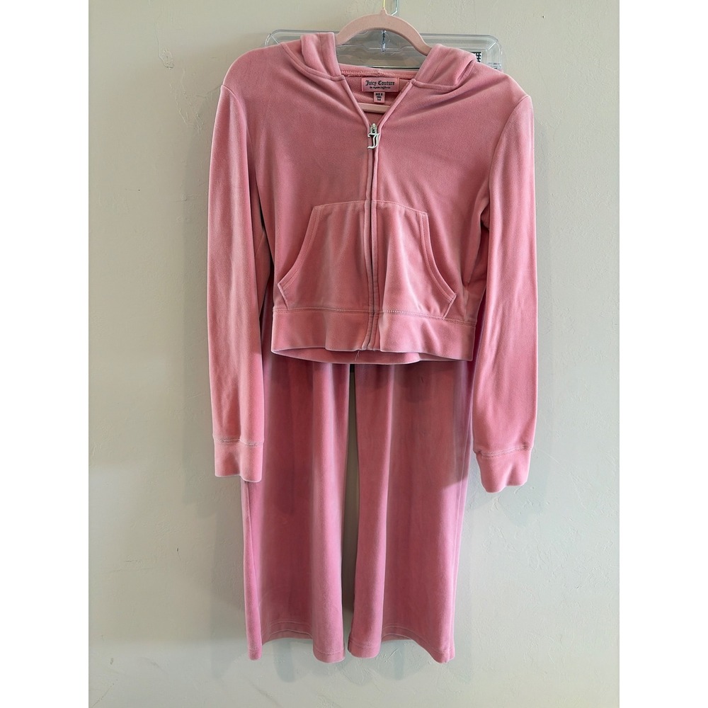 Juicy Couture Pink Velour Tracksuit Set Rhinestone Logo Hoodie Pants Womens M
